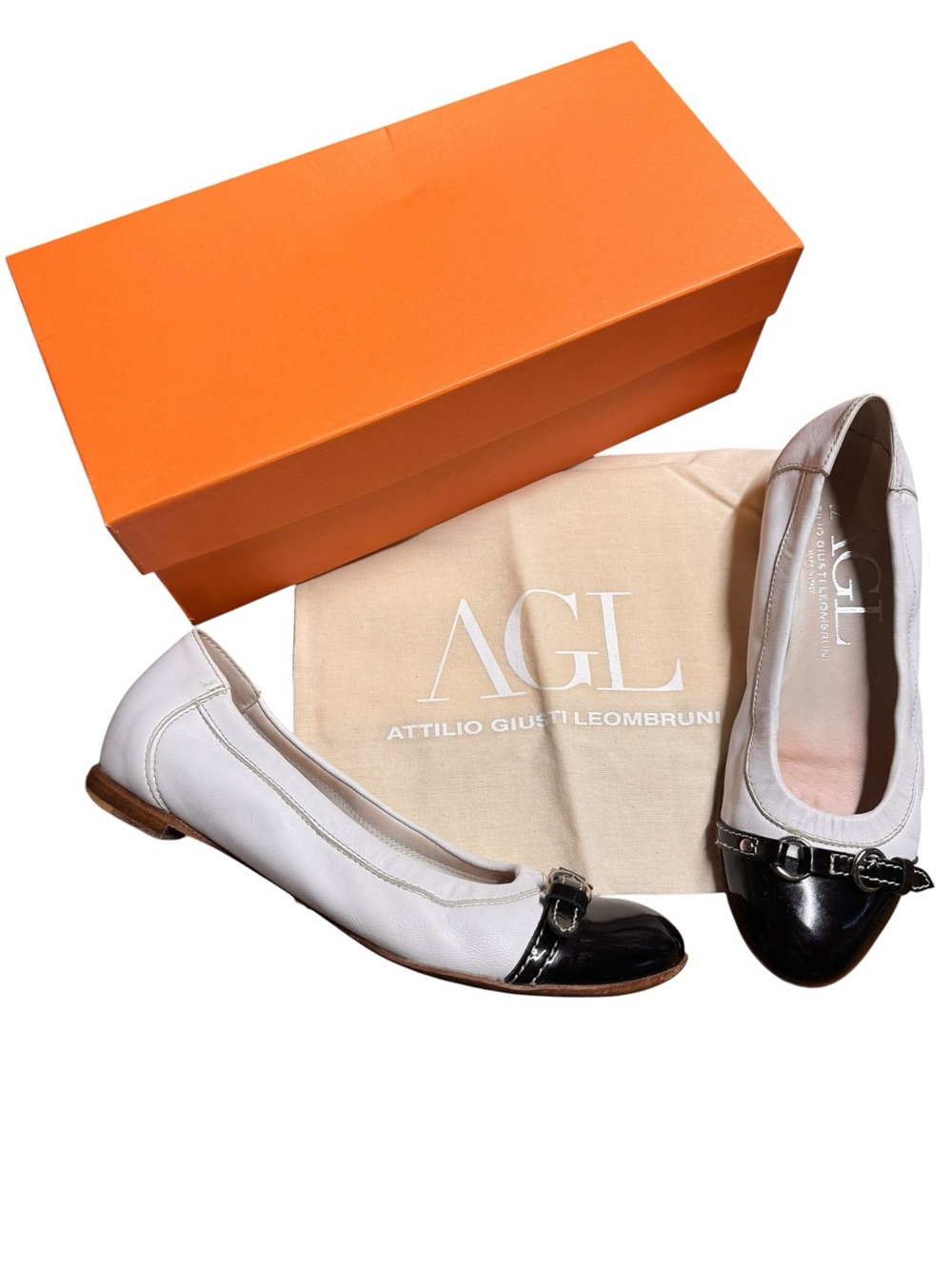 AGL Monika Ivory Leather Black Patent Cap Toe Ballet Flats Size 37.5 US 7.5